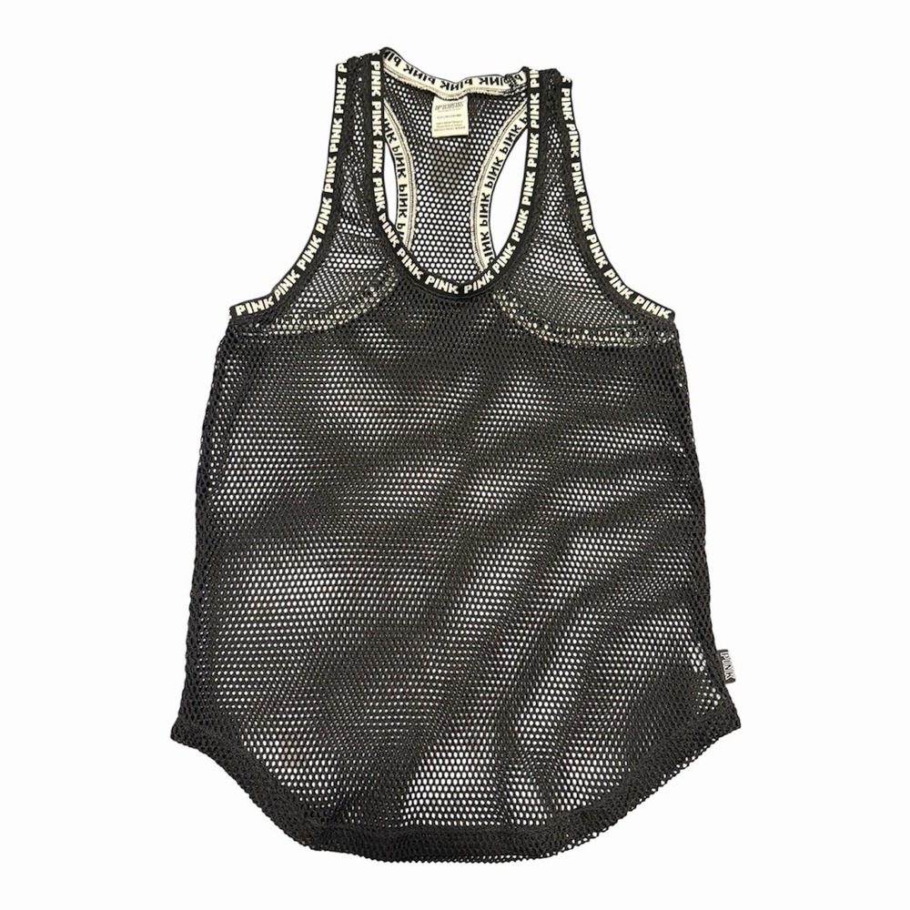 Victoria's Secret PINK Mesh Racerback Tank Top Black Logo Band Size Small Sheer